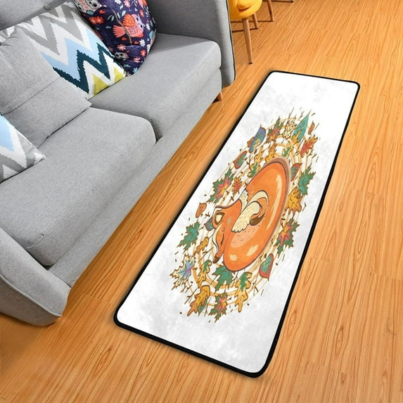 SKYSONIC 2X6 Feet Autumn Fox Cute Runner Rug with Rubber Backing, Fall Marble Leaves Non Slip Entryway Rug Runner Washable Soft Area Rug Carpet for Hallway Bedroom Kitchen Decor