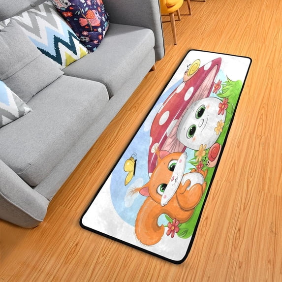 SKYSONIC 2X6 Feet Autumn Squirrel Mushroom Runner Rug with Rubber Backing, Cute Cartoon Non Slip Entryway Rug Runner Washable Soft Area Rug Carpet for Hallway Bedroom Kitchen Decor