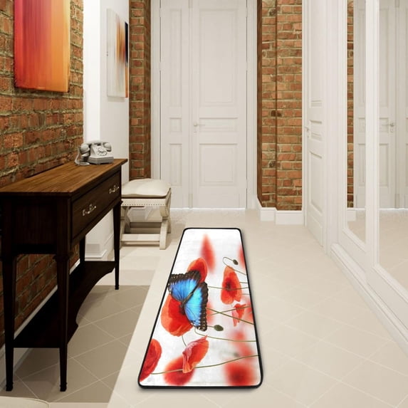 SKYSONIC 2X6 Feet Blue Butterfly Runner Rug with Rubber Backing, Poppy Blossom Non Slip Entryway Rug Runner Washable Soft Area Rug Carpet for Hallway Bedroom Kitchen Decor