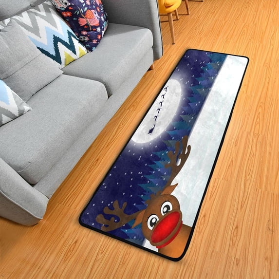 SKYSONIC 2X6 Feet Christmas Reindeer Forest Tree Runner Rug with Rubber Backing, Winter Snow Night Moon Non Slip Entryway Rug Runner Washable Soft Area Rug Carpet for Hallway Bedroom Kitchen Decor
