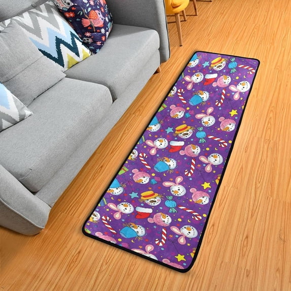 SKYSONIC 2X6 Feet Christmas Snowmen Cartoon Runner Rug with Rubber Backing, Candy Purple Xmas Non Slip Entryway Rug Runner Washable Soft Area Rug Carpet for Hallway Bedroom Kitchen Decor