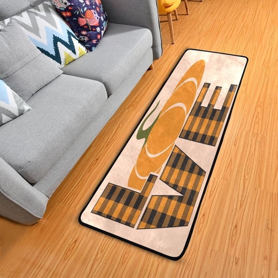 SKYSONIC 2X6 Feet Creative Pumpkin Love Runner Rug with Rubber Backing, Autumn Farmhouse Check Non Slip Entryway Rug Runner Washable Soft Area Rug Carpet for Hallway Bedroom Kitchen Decor