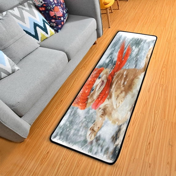 SKYSONIC 2X6 Feet Cute Brown Cat Runner Rug with Rubber Backing, Winter Snowflake Non Slip Entryway Rug Runner Washable Soft Area Rug Carpet for Hallway Bedroom Kitchen Decor