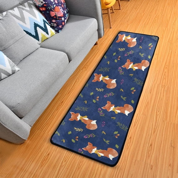 SKYSONIC 2X6 Feet Cute Fox Autumn Runner Rug with Rubber Backing, Fall Flowers Non Slip Entryway Rug Runner Washable Soft Area Rug Carpet for Hallway Bedroom Kitchen Decor