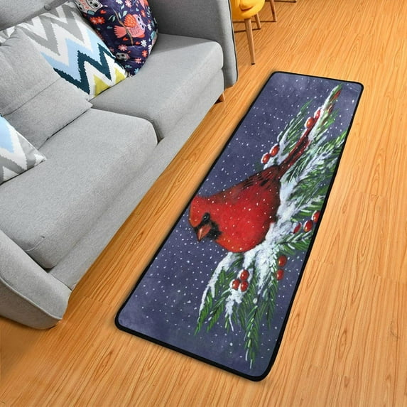SKYSONIC 2X6 Feet Cute Red Bird Christmas Runner Rug with Rubber Backing, Xmas Tree Snow Non Slip Entryway Rug Runner Washable Soft Area Rug Carpet for Hallway Bedroom Kitchen Decor