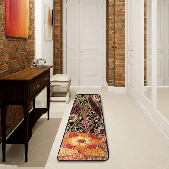 SKYSONIC 2X6 Feet Embroidered Floral Design Runner Rug with Rubber Backing, Vintage Non Slip Entryway Rug Runner Washable Soft Area Rug Carpet for Hallway Bedroom Kitchen Decor