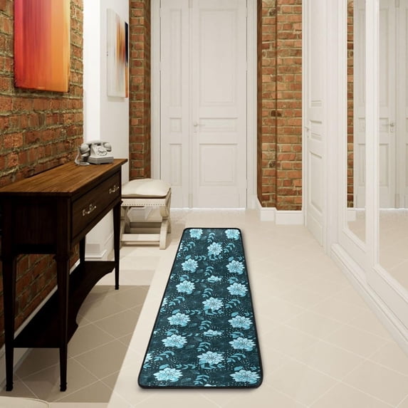 SKYSONIC 2X6 Feet Flower Leaf Runner Rug with Rubber Backing, Black Blue Non Slip Entryway Rug Runner Washable Soft Area Rug Carpet for Hallway Bedroom Kitchen Decor