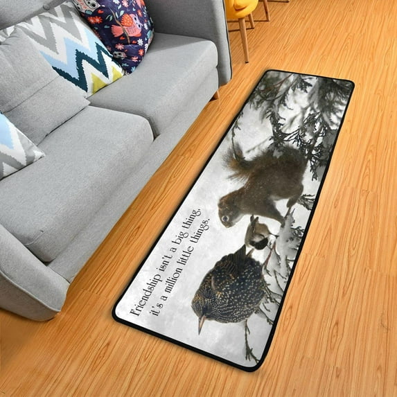 SKYSONIC 2X6 Feet Inspirational Quote Friendship Runner Rug with Rubber Backing, Squirrel Bird Non Slip Entryway Rug Runner Washable Soft Area Rug Carpet for Hallway Bedroom Kitchen Decor