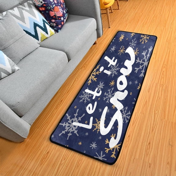 SKYSONIC 2X6 Feet Let It Snow Quote Runner Rug with Rubber Backing, Winter Golden Snowflakes Non Slip Entryway Rug Runner Washable Soft Area Rug Carpet for Hallway Bedroom Kitchen Decor