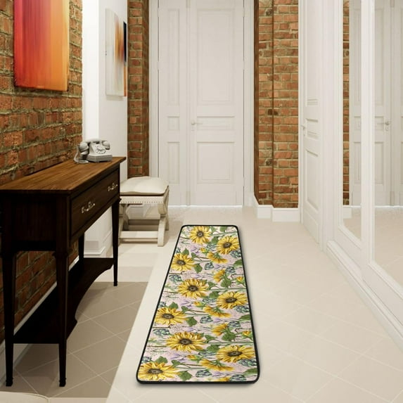 SKYSONIC 2X6 Feet Natural Wild Sunflowers Runner Rug with Rubber Backing, Vintage Summer Floral Non Slip Entryway Rug Runner Washable Soft Area Rug Carpet for Hallway Bedroom Kitchen Decor