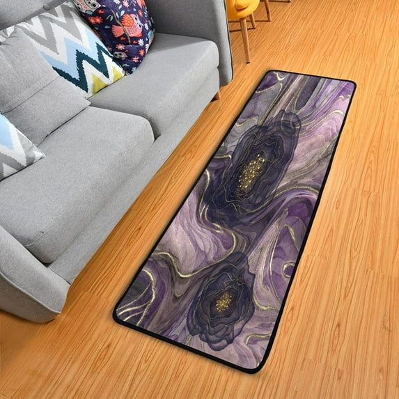 SKYSONIC 2X6 Feet Purple Flower Marble Texture Runner Rug with Rubber Backing, Abstract Golden Lines Non Slip Entryway Rug Runner Washable Soft Area Rug Carpet for Hallway Bedroom Kitchen Decor