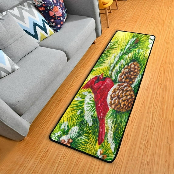SKYSONIC 2X6 Feet Red Cardinal Bird Runner Rug with Rubber Backing, Winter Tree Snow Non Slip Entryway Rug Runner Washable Soft Area Rug Carpet for Hallway Bedroom Kitchen Decor