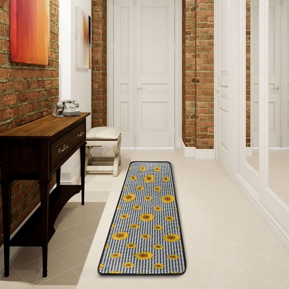 SKYSONIC 2X6 Feet Summer Vintage Sunflower Runner Rug with Rubber Backing, Black White Squares Non Slip Entryway Rug Runner Washable Soft Area Rug Carpet for Hallway Bedroom Kitchen Decor