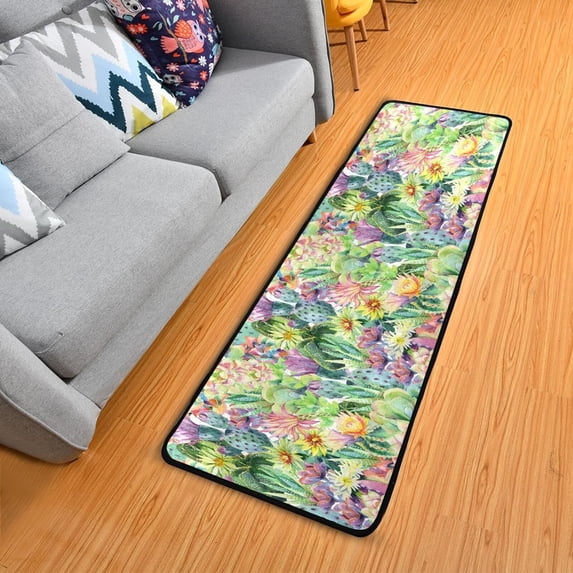 SKYSONIC 2X6 Feet Watercolor Cactus Flower Runner Rug with Rubber Backing, Non Slip Entryway Rug Runner Washable Soft Area Rug Carpet for Hallway Bedroom Kitchen Decor