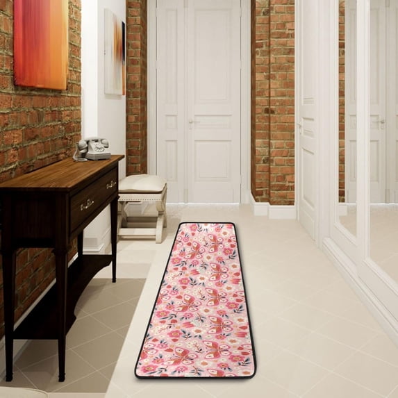 SKYSONIC 2X6 Feet Watercolor Spring Summer Runner Rug with Rubber Backing, Funny Flowers Butterflies Non Slip Entryway Rug Runner Washable Soft Area Rug Carpet for Hallway Bedroom Kitchen Decor