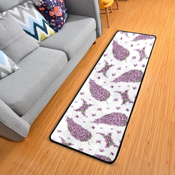 SKYSONIC 2X6 Feet Watercolor Violet Lilac Runner Rug with Rubber Backing, Summer Purple Flower Non Slip Entryway Rug Runner Washable Soft Area Rug Carpet for Hallway Bedroom Kitchen Decor