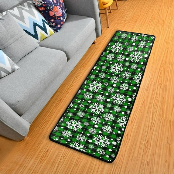 SKYSONIC 2X6 Feet White Christmas Snowflakes Runner Rug with Rubber Backing, Buffalo Plaid Teal Non Slip Entryway Rug Runner Washable Soft Area Rug Carpet for Hallway Bedroom Kitchen Decor