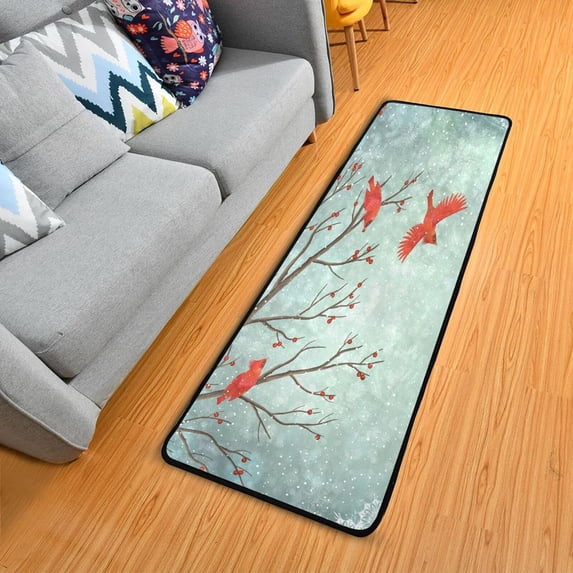 SKYSONIC 2X6 Feet Winter Red Birds Landscape Runner Rug with Rubber Backing, Christmas Snow Non Slip Entryway Rug Runner Washable Soft Area Rug Carpet for Hallway Bedroom Kitchen Decor