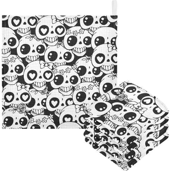 SKYSONIC 3 PCS Black and White Skulls Baby Muslin Washcloths, Halloween Face Towel Burp Cloths Ultra Soft Absorbent Cotton Bath Wipes Towels for Newborn Boys Girls