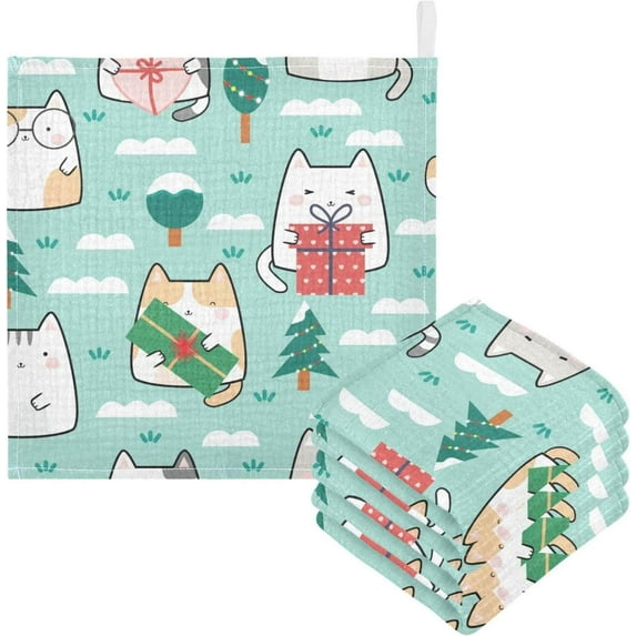 SKYSONIC 3 PCS Christmas Kawaii Winter Cats Baby Muslin Washcloths, Cartoon Face Towel Burp Cloths Ultra Soft Absorbent Cotton Bath Wipes Towels for Newborn Boys Girls