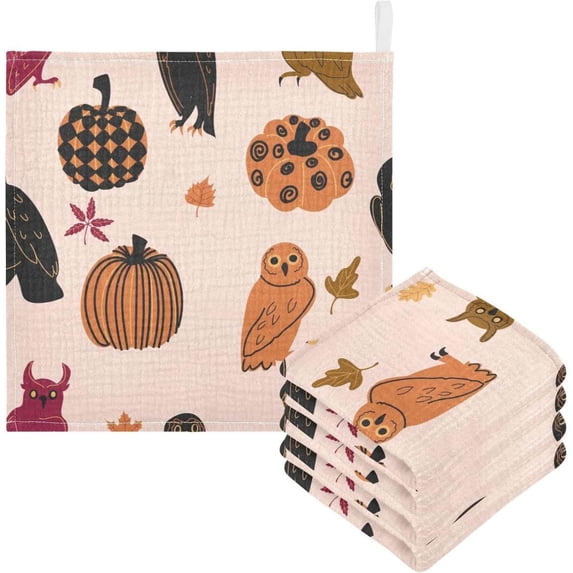 SKYSONIC 3 PCS Cute Owls Pumpkin Baby Muslin Washcloths, Funny Halloween Face Towel Burp Cloths Ultra Soft Absorbent Cotton Bath Wipes Towels for Newborn Boys Girls