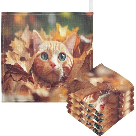 SKYSONIC 3 PCS Ginger Tabby Cat Baby Muslin Washcloths, Autumn Leaves Face Towel Burp Cloths Ultra Soft Absorbent Cotton Bath Wipes Towels for Newborn Boys Girls