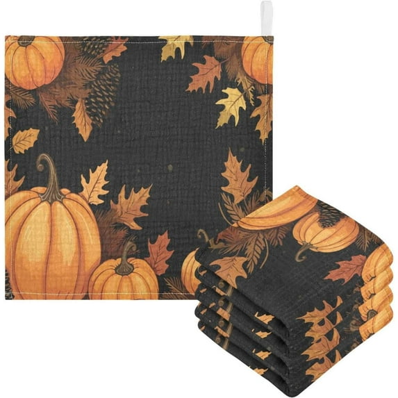 SKYSONIC 3 PCS Leaves and Pumpkins Cartoon Baby Muslin Washcloths, Face Towel Burp Cloths Ultra Soft Absorbent Cotton Bath Wipes Towels for Newborn Boys Girls