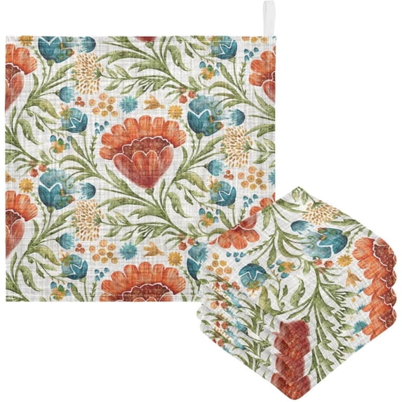SKYSONIC 3 PCS Watercolor Vintage Flower Baby Muslin Washcloths, Red Floral Plants Soft Absorbent Face Towel Burp Cloths Cotton Bath Wipes Infant Wash Cloth for Newborn Boys Girls