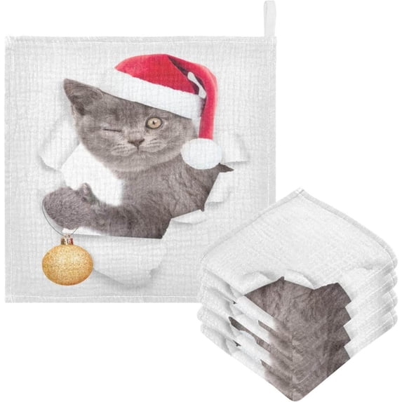 SKYSONIC 3 PCS Winking Kitten Santa Hat Baby Muslin Washcloths, Christmas Balls Face Towel Burp Cloths Ultra Soft Absorbent Cotton Bath Wipes Towels for Newborn Boys Girls
