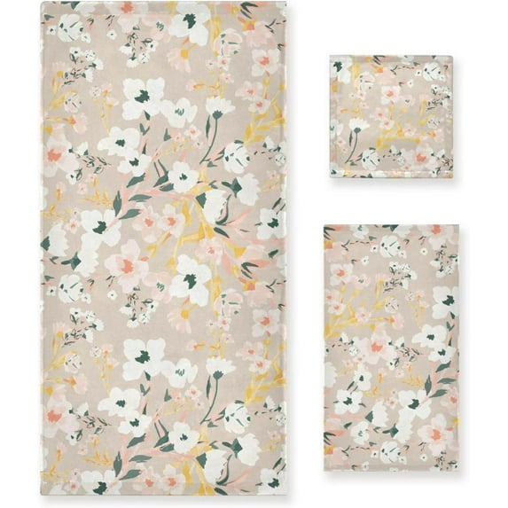 SKYSONIC 3 Pack Towel Beautiful Floral Motif Cotton Bath Towel Set (1 Bath Towel, 1 Hand Towel, 1 Washcloth) for Bathroom, Super Soft and Quick Dry Towels