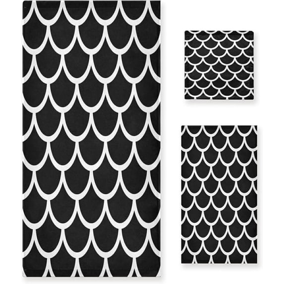 SKYSONIC 3 Pack Towel Beautiful Mermaid Sparkle Black Fish Scales Cotton Bath Towel Set (1 Bath Towel, 1 Hand Towel, 1 Washcloth) for Bathroom, Super Soft and Quick Dry Towels