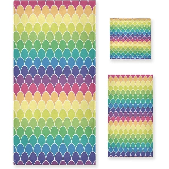 SKYSONIC 3 Pack Towel Beautiful Mermaid Sparkle Rainbow Fish Scales Cotton Bath Towel Set (1 Bath Towel, 1 Hand Towel, 1 Washcloth) for Bathroom, Super Soft and Quick Dry Towels