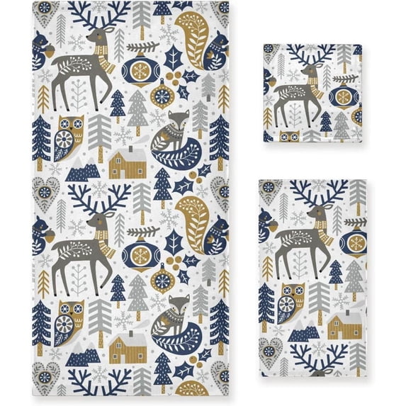 SKYSONIC 3 Pack Towel Cute Deer Cotton Bath Towel Set (1 Bath Towel, 1 Hand Towel, 1 Washcloth) for Bathroom, Super Soft and Quick Dry Towels
