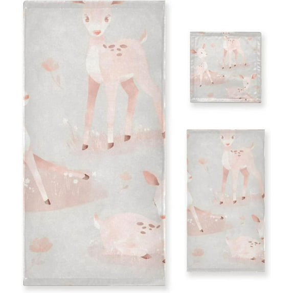 SKYSONIC 3 Pack Towel Cute Delicate Deer Cotton Bath Towel Set (1 Bath Towel, 1 Hand Towel, 1 Washcloth) for Bathroom, Super Soft and Quick Dry Towels