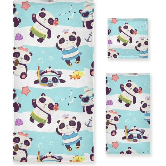 SKYSONIC 3 Pack Towel Cute Panda Beach Cotton Bath Towel Set (1 Bath Towel, 1 Hand Towel, 1 Washcloth) for Bathroom, Super Soft and Quick Dry Towels