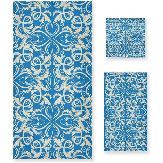 SKYSONIC 3 Pack Towel Damask Design Cotton Bath Towel Set (1 Bath Towel, 1 Hand Towel, 1 Washcloth) for Bathroom, Super Soft and Quick Dry Towels
