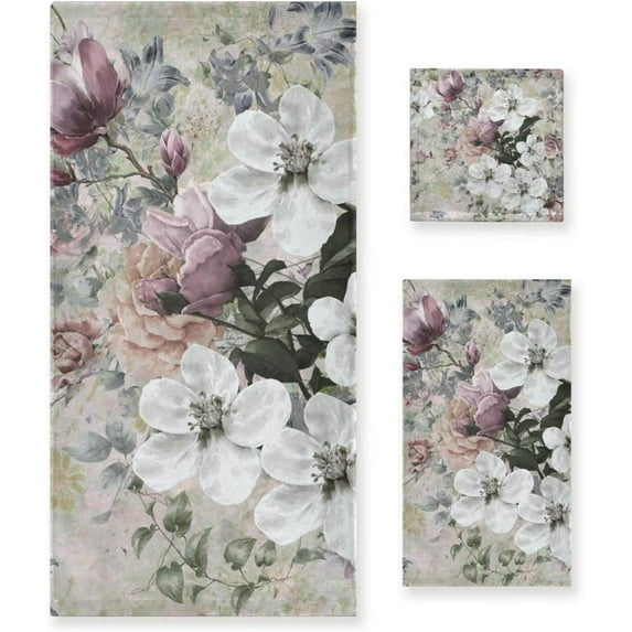 SKYSONIC 3 Pack Towel Delicate Flowers Cotton Bath Towel Set (1 Bath Towel, 1 Hand Towel, 1 Washcloth) for Bathroom, Super Soft and Quick Dry Towels
