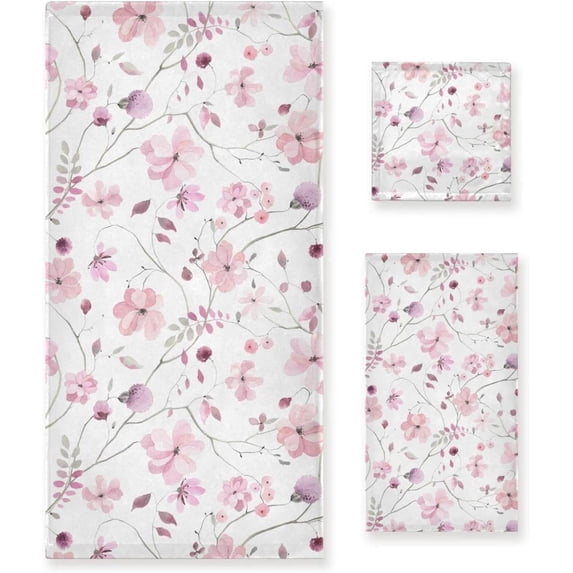 SKYSONIC 3 Pack Towel Delicate Pink Flowers Cotton Bath Towel Set (1 Bath Towel, 1 Hand Towel, 1 Washcloth) for Bathroom, Super Soft and Quick Dry Towels
