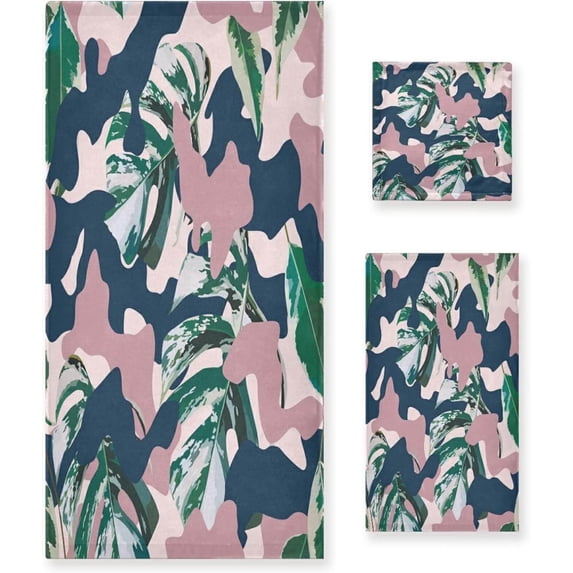 SKYSONIC 3 Pack Towel Fashion Colorful Camo Tropical Palm Leaf Cotton Bath Towel Set (1 Bath Towel, 1 Hand Towel, 1 Washcloth) for Bathroom, Super Soft and Quick Dry Towels