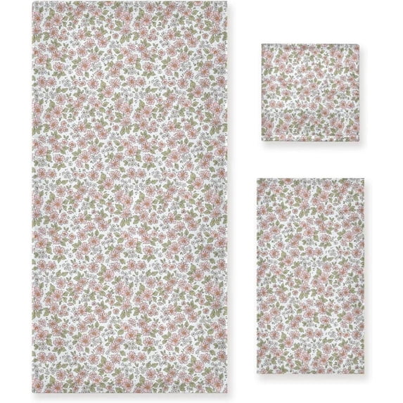 SKYSONIC 3 Pack Towel Free Style Pink Flowers Cotton Bath Towel Set (1 Bath Towel, 1 Hand Towel, 1 Washcloth) for Bathroom, Super Soft and Quick Dry Towels
