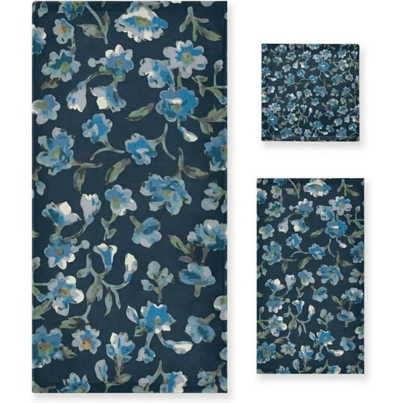 SKYSONIC 3 Pack Towel Little Blue Flower Cotton Bath Towel Set (1 Bath Towel, 1 Hand Towel, 1 Washcloth) for Bathroom, Super Soft and Quick Dry Towels