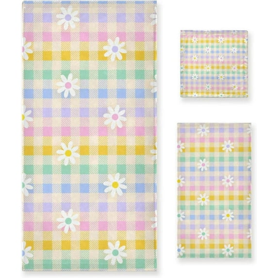 SKYSONIC 3 Pack Towel Rainbow Floral Plaid Cotton Bath Towel Set (1 Bath Towel, 1 Hand Towel, 1 Washcloth) for Bathroom, Super Soft and Quick Dry Towels