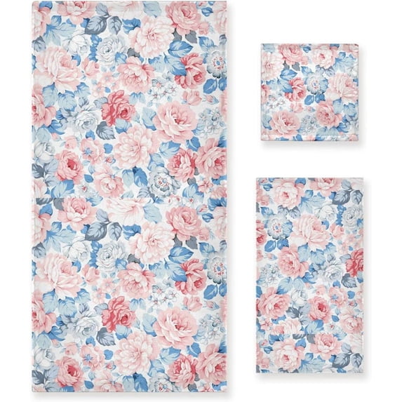 SKYSONIC 3 Pack Towel Roses & Blue Leaves Cotton Bath Towel Set (1 Bath Towel, 1 Hand Towel, 1 Washcloth) for Bathroom, Super Soft and Quick Dry Towels