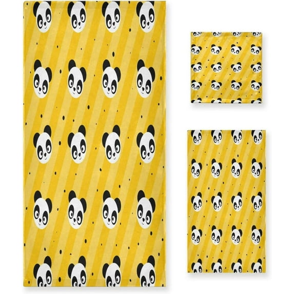 SKYSONIC 3 Pack Towel Yellow Polka Dot Panda Cotton Bath Towel Set (1 Bath Towel, 1 Hand Towel, 1 Washcloth) for Bathroom, Super Soft and Quick Dry Towels