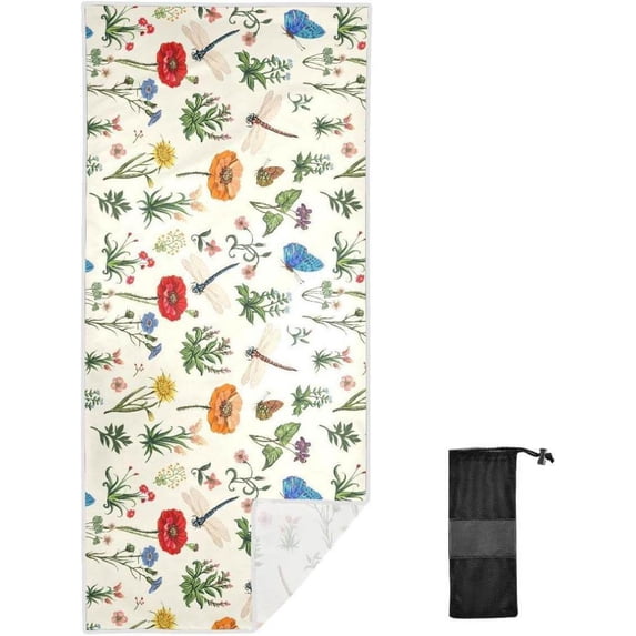 SKYSONIC 30"x60" Beach Towel with Travel Bag, Dragonfly Butterfly Beige Oversized Sand Free Camping Towel Quick Dry Pool Bath Sport Towels