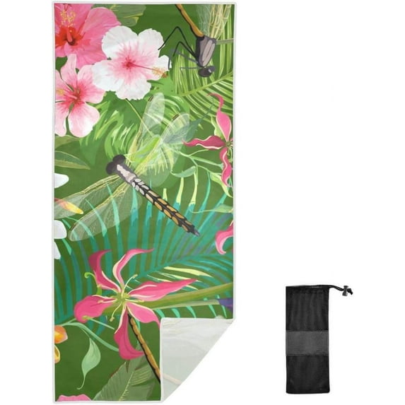 SKYSONIC 30"x60" Beach Towel with Travel Bag, Tropical Floral Pattern Dragonflies Oversized Sand Free Camping Towel Quick Dry Pool Bath Sport Towels