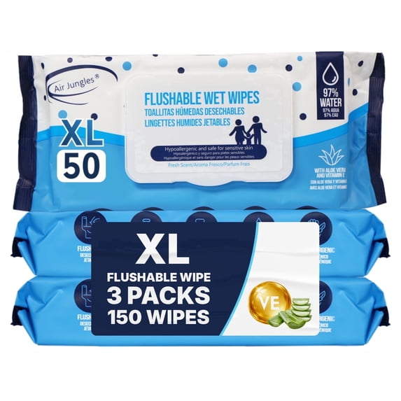 Air Jungles Flushable Wipes 150 ct for Adult and Child, XL 7 x 7 in with Aloe Vera & Vitamin E for Sensetive Skin, Body Wet Wipes -Septic and Sewer Safe- Fresh Scent