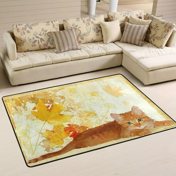 SKYSONIC 36x24in Autumn Orange Cat Area Rug, Fall Kitten Vintage Non-Slip Floor Carpet for Indoor Living Dining Room Bedroom
