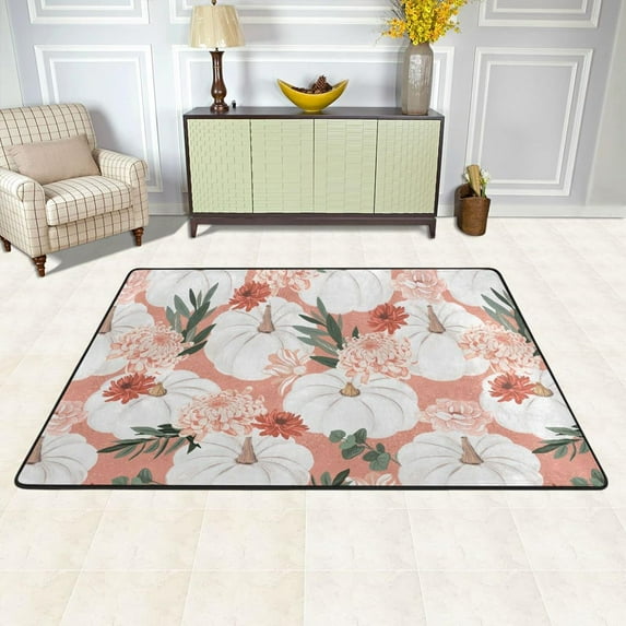 SKYSONIC 36x24in Autumn Pink Dahlias Pumpkins Area Rug, Non-Slip Floor Carpet for Indoor Living Dining Room Bedroom