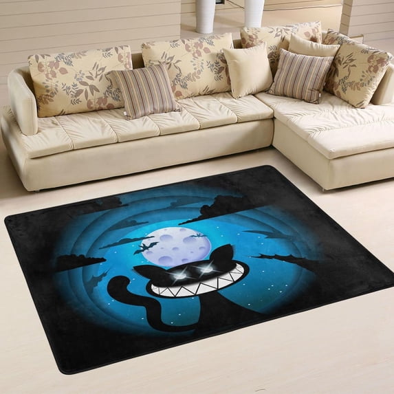SKYSONIC 36x24in Black Cat Halloween Area Rug, Spooky Scary Night Non-Slip Floor Carpet for Indoor Living Dining Room Bedroom